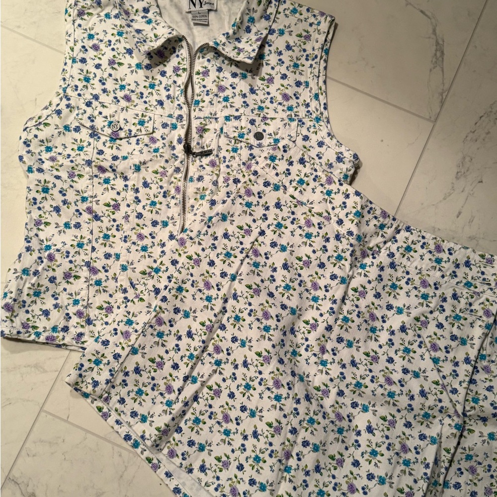 Floral denim Shorts&Vest Set
